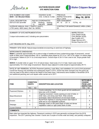 SOUTHERN REGION GRMP SITE INSPECTION FORM  Slope movement has extended onto the pavement and cracks