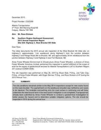 December 2015  Project Number: CG25399  Alberta Transportation 2 nd Floor, 803 Manning Road NE