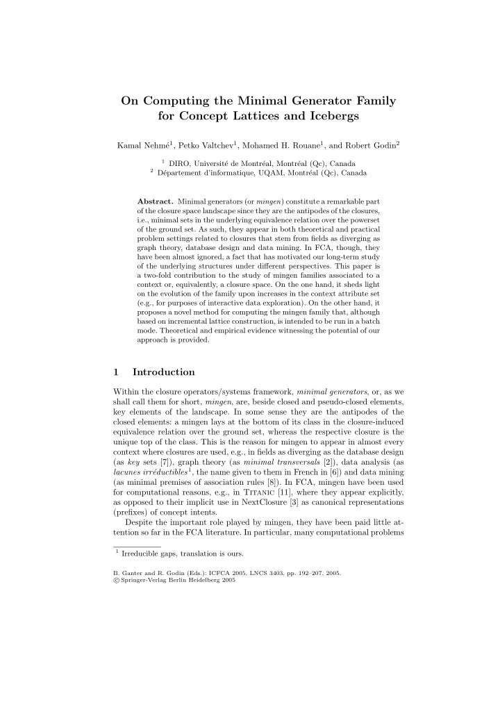 on computing the minimal generator family for concept