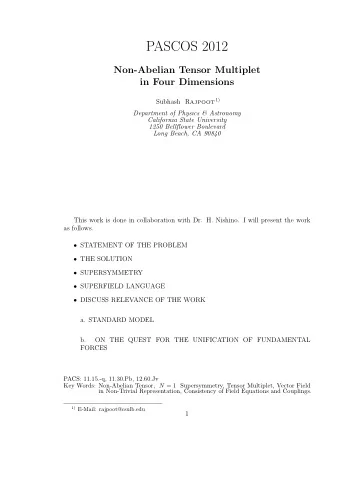 PASCOS 2012  Non-Abelian Tensor Multiplet  in Four Dimensions Subhash R AJPOOT 1)  Department of
