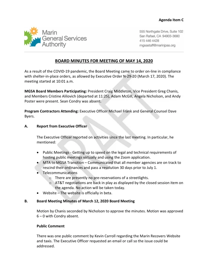 board minutes for meeting of may 14 2020