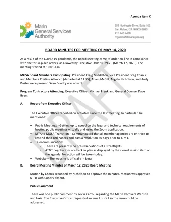 BOARD MINUTES FOR MEETING OF MAY 14, 2020  As a result of the COVID-19 pandemic, the Board Meeting