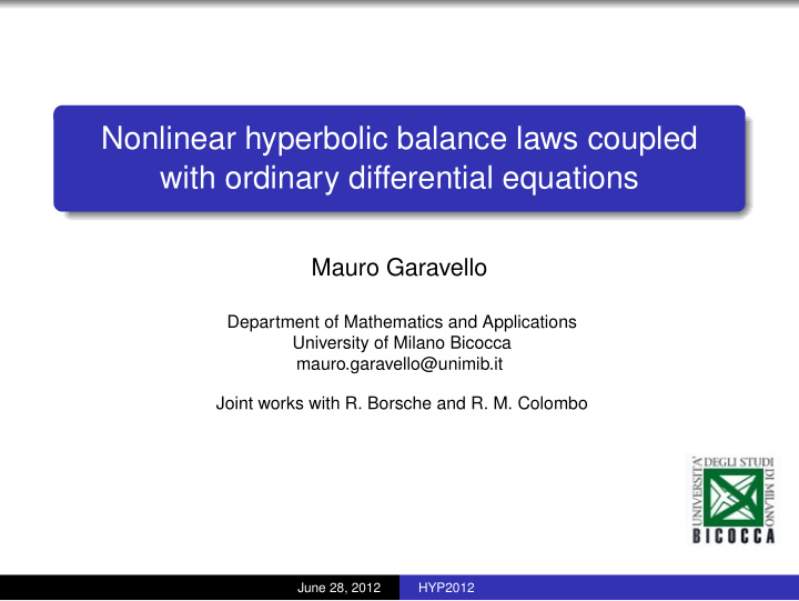 nonlinear hyperbolic balance laws coupled with ordinary