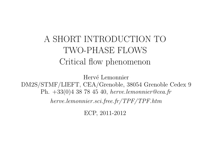 a short introduction to two phase flows critical flow