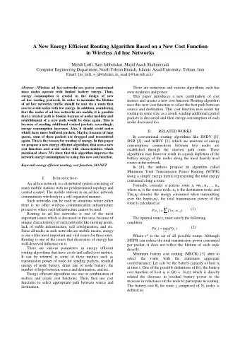 A New Energy Efficient Routing Algorithm Based on a New Cost Function  in Wireless Ad hoc Networks