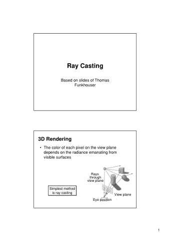 Ray Casting  Based on slides of Thomas  Funkhouser  3D Rendering   The color of each pixel on