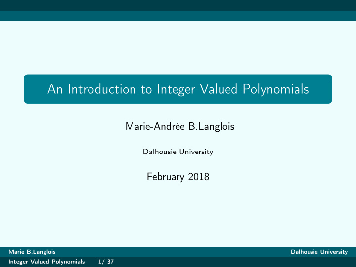 an introduction to integer valued polynomials