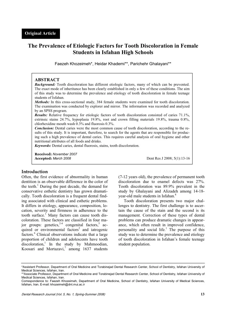 the prevalence of etiologic factors for tooth