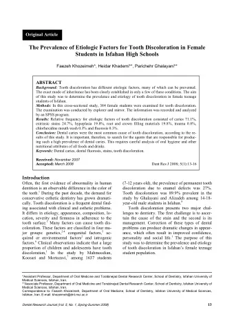 The Prevalence of Etiologic Factors for Tooth Discoloration in Female  Students in Isfahan High