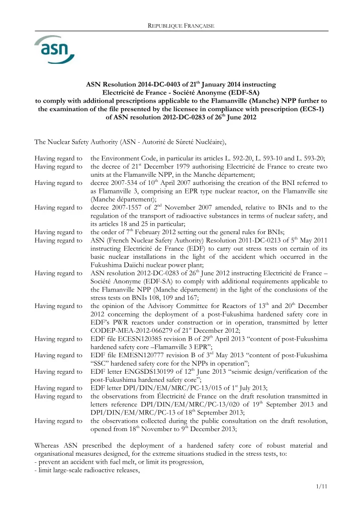 r epublique f ran aise asn resolution 2014 dc 0403 of 21
