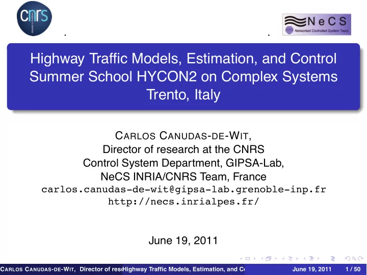 highway traffic models estimation and control summer