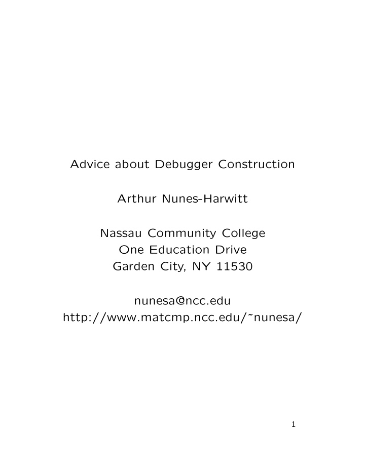 advice about debugger construction arthur nunes harwitt