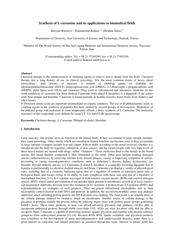 synthesis of l carnosine and its applications in