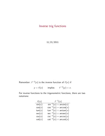 Inverse trig functions  11/21/2011 Remember: f  1 ( x ) is the inverse function of f ( x ) if f