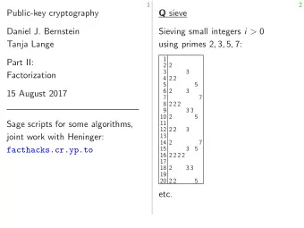 Public-key cryptography Q sieve  Daniel J. Bernstein Sieving small integers i &gt; 0  Tanja Lange
