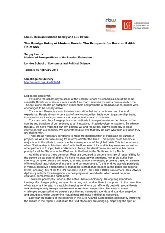 The Foreign Policy of Modern Russia: The Prospects for Russian British Relations Sergey Lavrov
