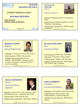 MASTER  OLUWAFEMI  ERASMUS MUNDUS  ADELERE  Nigeria  STUDENT PRESENTATIONS  Mechanical Engineer