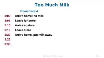 Too Much Milk  Roommate A  3:00  Arrive home: no milk  3:05  Leave for store  3:10  Arrive at store