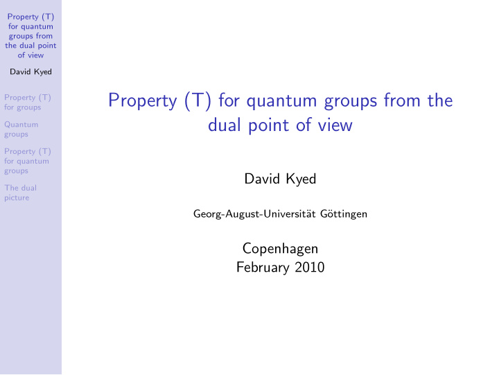 property t for quantum groups from the