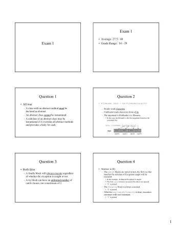 Exam 1   Average: 27.5 / 40  Exam 1   Grade Range:  14 - 39  Question 1  Question 2