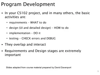 Program Development  In your CS102 project, and in many others, the basic  activities are: