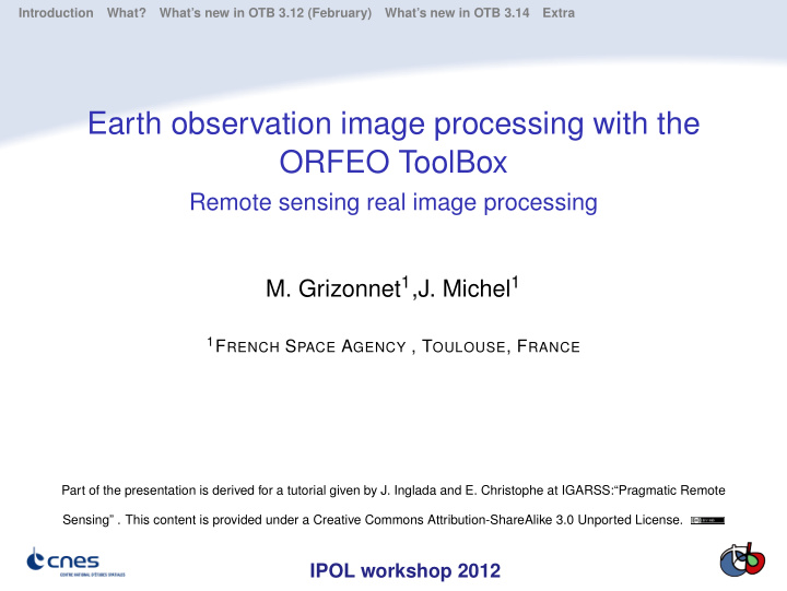 earth observation image processing with the orfeo toolbox