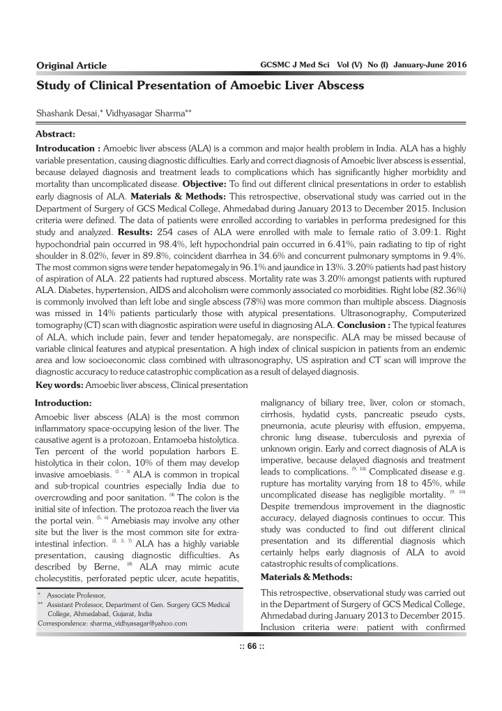 study of clinical presentation of amoebic liver abscess