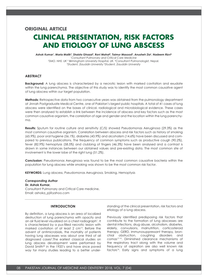 clinical presentation risk factors and etiology of lung
