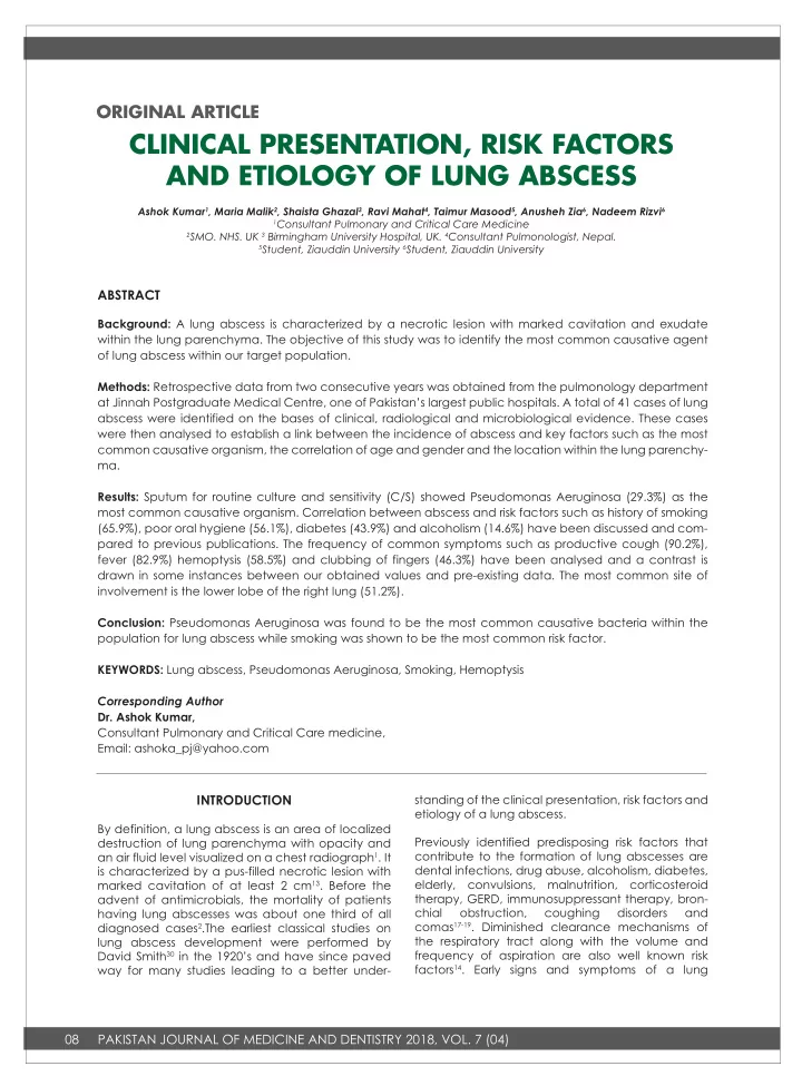 clinical presentation risk factors and etiology of lung
