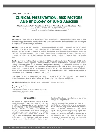 CLINICAL PRESENTATION, RISK FACTORS  AND ETIOLOGY OF LUNG ABSCESS Ashok Kumar 1 , Maria Malik 2 ,