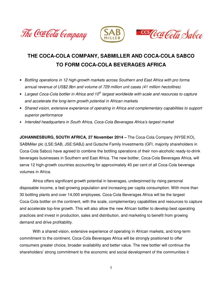 the coca cola company sabmiller and coca cola sabco