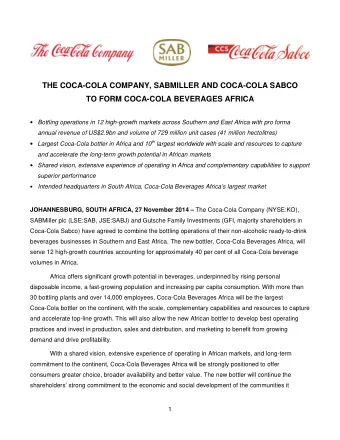 THE COCA-COLA COMPANY, SABMILLER AND COCA-COLA SABCO TO FORM COCA-COLA BEVERAGES AFRICA