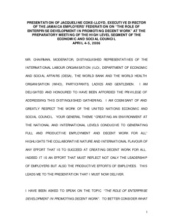 PRESENTATI ON OF JACQUELI NE COKE-LLOYD, EXECUTI VE DI RECTOR  OF THE JAMAI CA EMPLOYERS