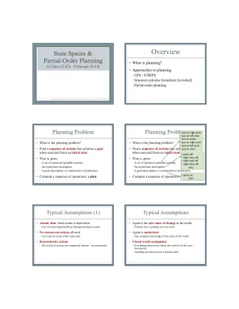 Overview  State Spaces &amp;  Partial-Order Planning  What is planning? AI Class 22 (Ch. 10