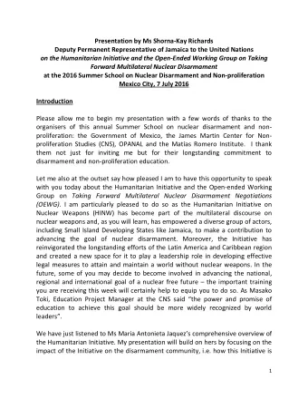 Presentation by Ms Shorna-Kay Richards  Deputy Permanent Representative of Jamaica to the United