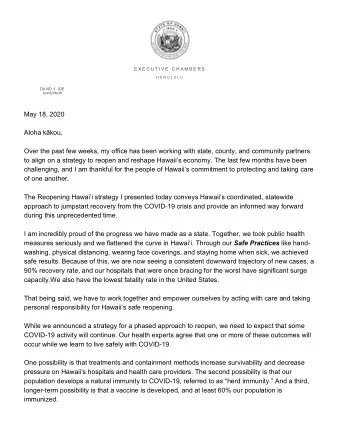 May 18, 2020 Aloha kkou ,  Over the past few weeks, my office has been working with state,