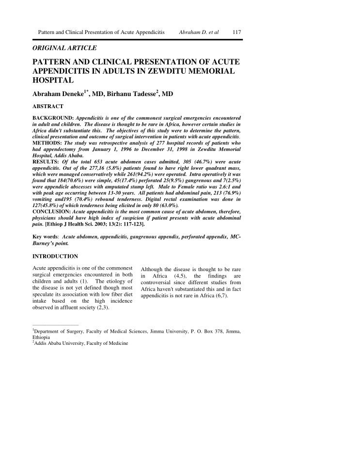 pattern and clinical presentation of acute appendicitis