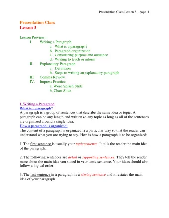 Presentation Class  Lesson 3  Lesson Preview:  I. Writing a Paragraph a. What is a paragraph? b.