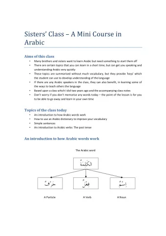 Sisters Class  A Mini Course in  Arabic  Aims of this class  Many brothers and sisters want