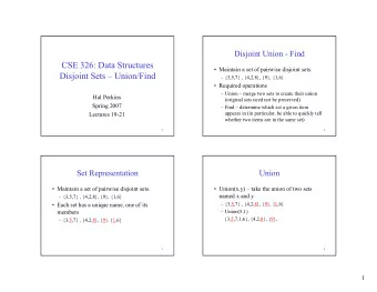 CSE 326: Data Structures   Maintain a set of pairwise disjoint sets.  Disjoint Sets