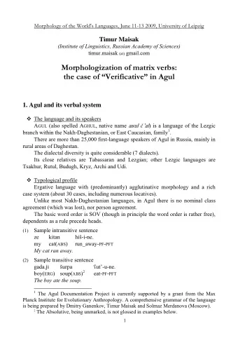 Morphologization of matrix verbs:  the case of Verificative in Agul  1. Agul and its verbal