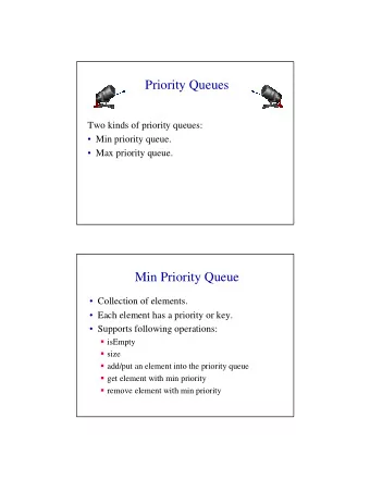 Priority Queues  Two kinds of priority queues:   Min priority queue.   Max priority queue.