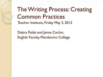 The Writing Process: Creating  Common Practices  Teacher Institute, Friday May 3, 2013  Debra Polak
