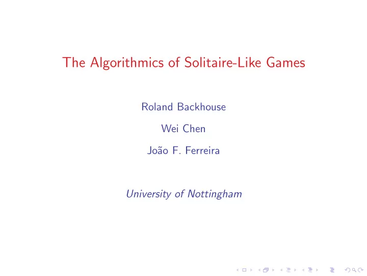 the algorithmics of solitaire like games
