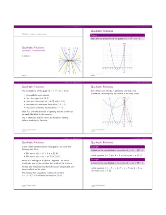 Quadratic Relations  MPM2D: Principles of Mathematics  Recap State the key properties of the graph