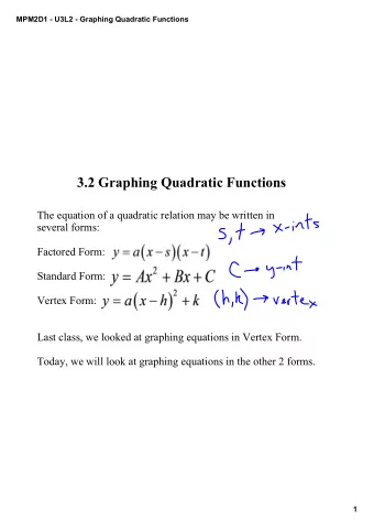 3.2 Graphing Quadratic Functions  The equation of a quadratic relation may be written in  several