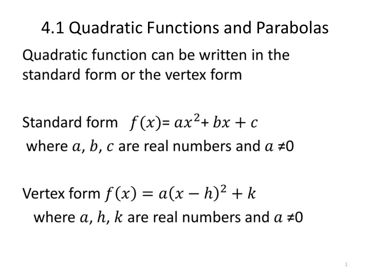 4 1 quadratic functions and parabolas
