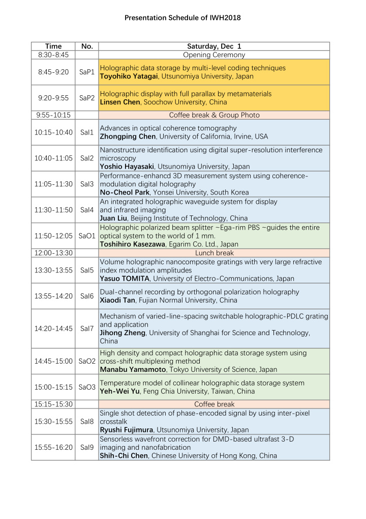 presentation schedule of iwh2018 time no saturday dec 1 8