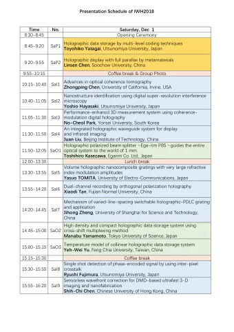 Presentation Schedule of IWH2018  Time  No.  Saturday, Dec  1  8:30-8:45  Opening Ceremony  SaP1