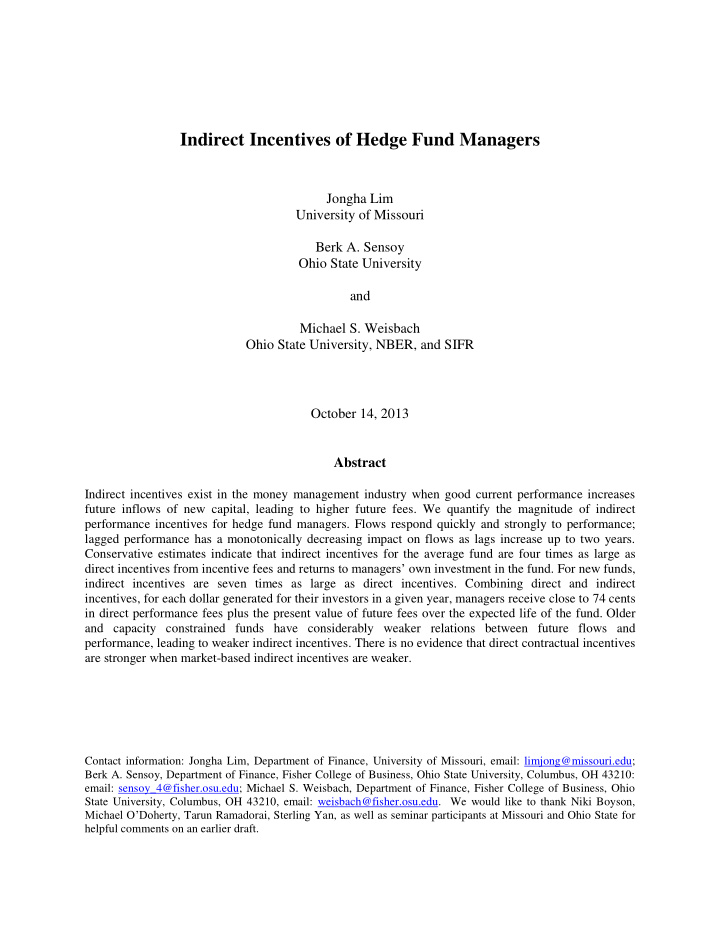 indirect incentives of hedge fund managers